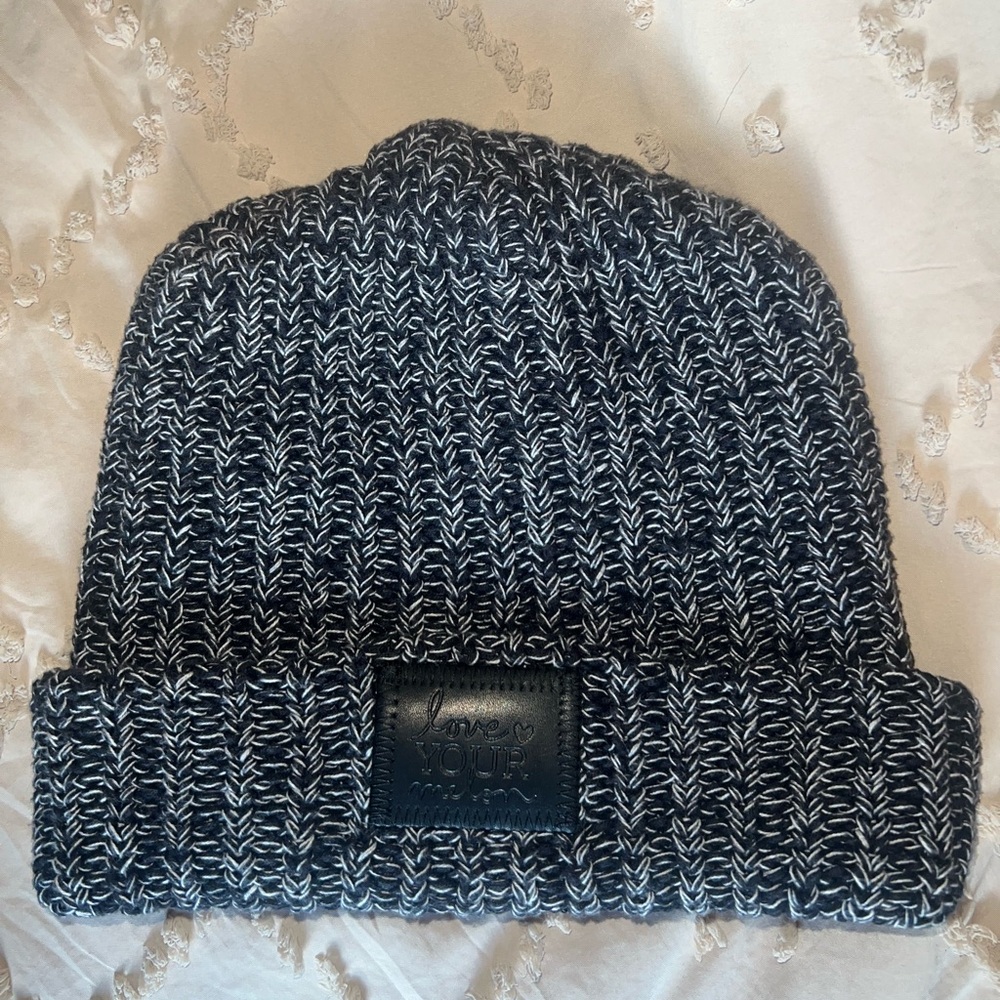 Love Your Melon Cuffed Beanie, Black & White with Black Leather Patch